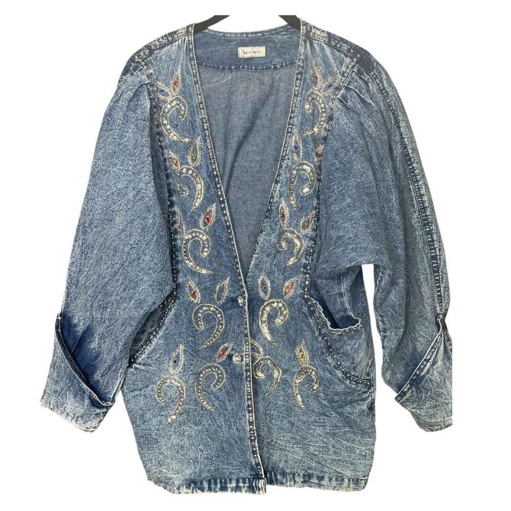 Vintage Denim Jacket Womens Large Blue Rhinestone Embellished Western 80s